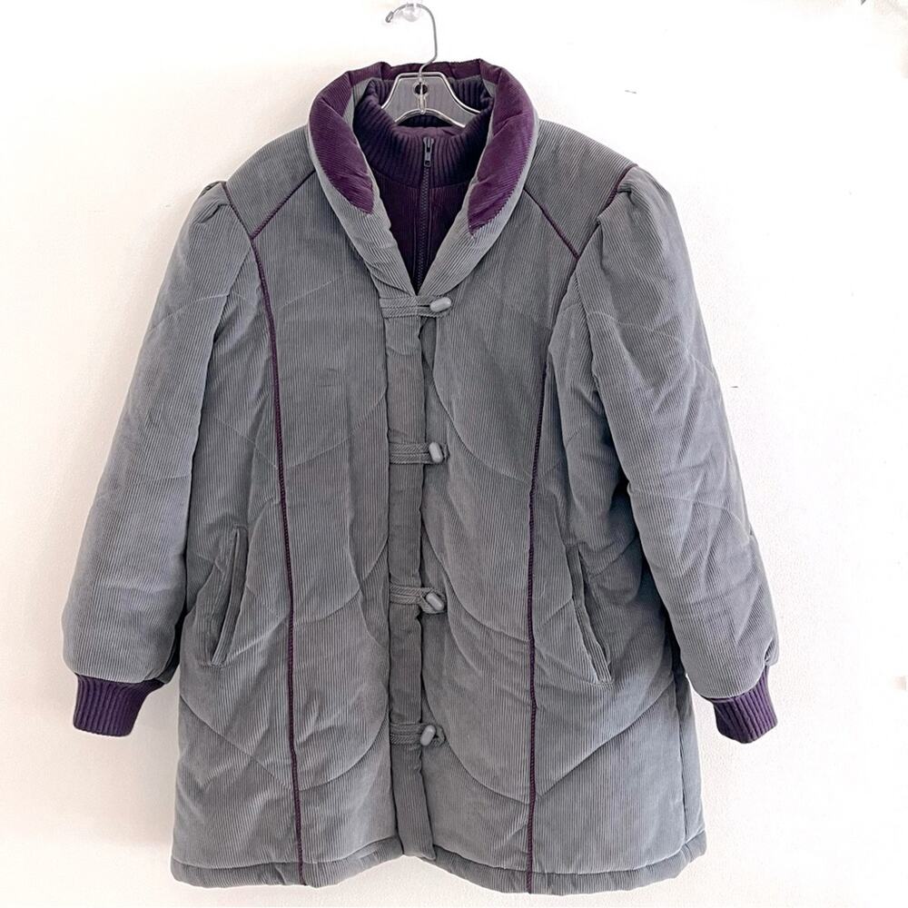 Vintage Plus Size Corduroy Puffy Coat Purple and Gray Quilted 80s European 3X